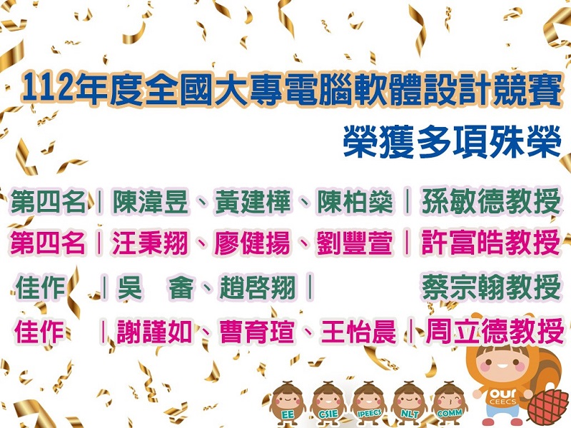 賀！本系學生參加112年度全國大專電腦軟體設計競賽榮獲第四名及佳作